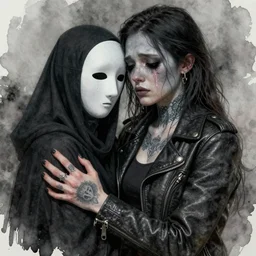 Hot young woman, grey skin, void eyeballs, tattoos, wearing a leather jacket, hugging a shrouded and phantom masked person as they cry on her chest, comforting, touching, wholesome, digital art, concept art, unreal engine 5, watercolour, big sister, little brother, realistic, 4k, 8k