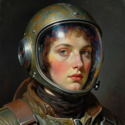 baroque neoclassicist close - up portrait of a neofuturistic cyberpunk fighter pilot wearing a visor iridescent textures. highly detailed science fiction painting by norman rockwell, frank frazetta, and syd mead. rich colors, high contrast, gloomy atmosphere. trending on artstation and behance.