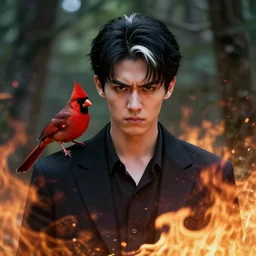 portrait of a young man, black hair with white stripe in middle, angry, surrounded by fire in a forest, red cardinal on his shoulder, 4 k,