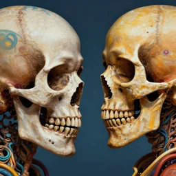 portrait two skulls talking to each other perfil, art by greg rutkowski, intricate, ultra detailed, photorealistic, vibrante colors, colorful, trending on artstation, 4 k, 8 k