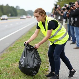 emma watson in a hi vis vest picking up trash on the side of the interstate. paparazzi photo,