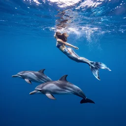 photograph of a mermaid swimming underwater with dolphins