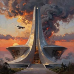 a majestic building designed by tadao ando with spaceship landing in pyroclastic cloud smoke at sunset, oil painting, by greg rutkowski, by raphael lacoste, by craig mullins