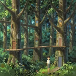 concept art painting of trees with doors and windows, walkways between trees, in a deep forest, realistic, detailed, cel shaded, in the style of makoto shinkai and greg rutkowski and james gurney