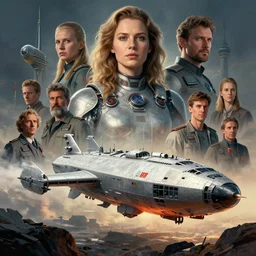 concept art, a beautiful highly detailed lady of soviet lenin space industriers, big spaceship in the center, realistic shaded lighting poster by ilya kuvshinov, magali villeneuve, artgerm, jeremy lipkin and michael garmash and rob rey