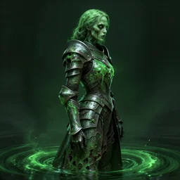 side profile, imogen poots, corrupted armor, gloomhaven, luminescent, haunted, evil rotten inky swirly ripples, sickly green colors, by greg manchess, huang guangjian, gil elvgren, sachin teng, greg rutkowski, jesper ejsing, ilya kuvshinov