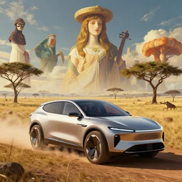 a concept suv designed by apple driving through african savanna, artgerm and greg rutkowski and alphonse mucha, an epic fantasy, volumetric light, detailed, establishing shot, an epic fantasy, trending on art station, octane render, midsommar