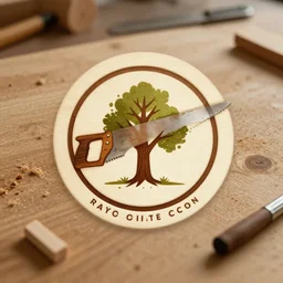 logo design for a woodwork shop, with a saw and a tree