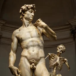 epic and dramatic view of a statue depicting a man sculpting himself showing half of his body as a skeleton made in tannish polished marble, realistic and ultra detailed by bernini, 8 k