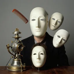 infinite masks on a person, maddening forbidden knowledge, flying comb, strange machine by rene magritte and salvadore dali