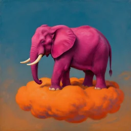a surrealist painting of a fuchsia elephant on a bright orange cloud, in the style of william turner