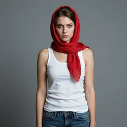 a frontal portrait of a thugish woman, wearing a red headscarf, a white tank top, and jeans, by nikolay makovsky.