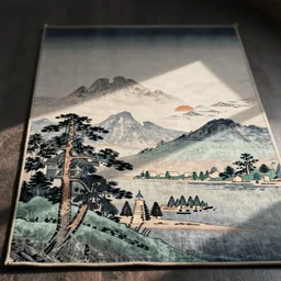 A Japanese ukiyo-e rug with soft colors.