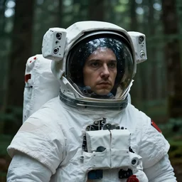 detailed cinematic moody colors studio portrait of an astronaut standing in a dense forest, high quality by jeremy mann, only one head single portrait