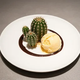 a fine dining dessert plate of spiky cactus and ice cream, chocolate sauce, sugar sprinkled, food photography, michelin star, fine dining, bokeh