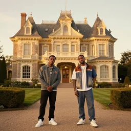 A photo of Tyler the Creator and ASAP Rocky in a Victorian Mansion by Wes Anderson, golden hour,