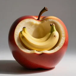 a banana is sitting in an apple shaped chair, catalog photo