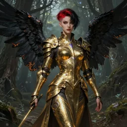 a beautiful cinematic sexy female seraphim warrior, gold armor, black wings slightly burnt, fantasy forest landscape, fantasy magic, undercut hairstyle, short red black fade hair, dark light night, intricate, elegant, sharp focus, illustration, highly detailed, digital painting, concept art, matte, art by WLOP and Artgerm and Greg Rutkowski and Alphonse Mucha, masterpiece