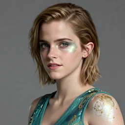 emma watson, beautiful detailed highly detailed iridescent accents by wlop tooth wu greg rutkowski alena aenami beeple octane render ultra realistic. teal and gold and white and black