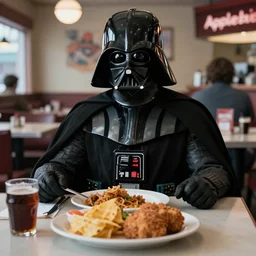 film still of Darth Vader has dinner at Applebees in the new Star Wars movie, 4k