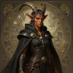 “brown-skinned Tiefling Hexblade with small goat horns and a cape, D&D, fantasy, intricate, cinematic lighting, highly detailed, digital painting, artstation, concept art, smooth, sharp focus, illustration, art by Artgerm and Greg Rutkowski and Alphonse Mucha”