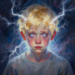 visionary art by mandy jurgens, powerful eyes glowing highly detailed painting of deep sadness alone, young blonde boy spiritual portrait, fractal electricity surrounding him, expressive emotional sadness piece, trending on art station, abstract emotional sadness expression, very very very beautiful, fantasy digital art, visionary art, magical fantasy 2 d concept art