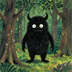 A terrifying and evil creature found in the woods in the style of Eric Carle,