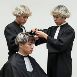 judge wearing a bench wig is making a haircut to another judge with a bench wig, only two person in the scene, concept art, artstation, fractals