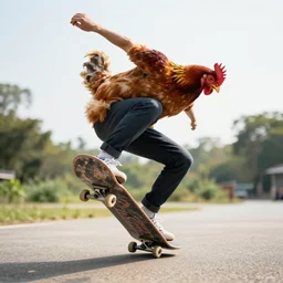 chicken doing cool skateboard tricks. stock photo.