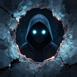 pixel sorting hooded glowing eyes figure peering through rift in holescape tunneling!! pixel sorting!! pixel sort