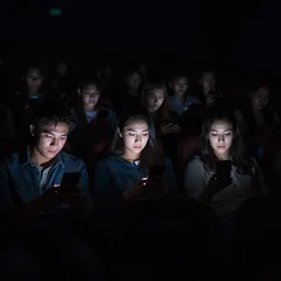 people in a very dark full dark movie theatre playing on their cellphones