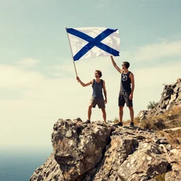 three survivors on the edge of a rocky cliff holding a flag with the sv symbol. trash polka style