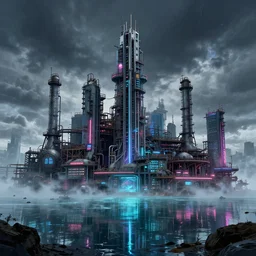 industrial architecture by john william casilear, liberty city vaporwave synthwave hyperrealism laser cosmic evil dieselpunk sea cloudy tundra nature darkacademia postcyberpunk bladerunner 2 0 4 9 atlantis vice city anime assassin's creed made of glass lake, archdaily, wallpaper, highly detailed, trending on artstation.