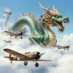 WW2 photo of Japanese dogfighters fighting a giant Oriental Dragon, Colorized.