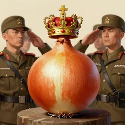 Onion wearing a Crown military propaganda poster. Onion is surrounded by Soldiers Saluting it