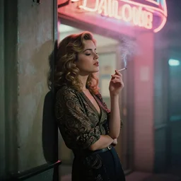 foggy neon night, mila kunis leaning against a wall smoking a cigarette outside a neon lit entrance, 1 9 8 0 s, intricate, elegant, tasteful, highly detailed, shallow depth of field, artgerm, donato giancola, joseph christian leyendecker