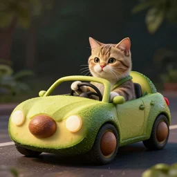 photo realistic image of a cat driving a car made of avocado, stunning 3 d render inspired art by istvan sandorfi and greg rutkowski, complete shot, realistic, highly detailed attributes and atmosphere, dim volumetric cinematic lighting