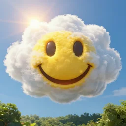 fantastical vibrant smiley face shaped cloud with holes for eyes and mouth, in a nature scene by marc adamus, high definition, sun breaking behind the smiley face