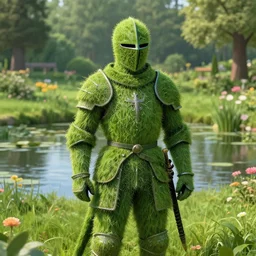 a portrait of a knight made of grass, a pond with flowers in the background, art by James Jean and Wayne Barlowe, high detail, cinematic, cgsociety 8k