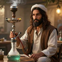 jesus works as a hookah man, superrealism, digital art, art station, octane render, 4 k, high quality, high details,