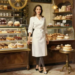 portrait angelina jolie as confectioner in a pastry shop, full length shot, shining, 8 k highly detailed, sharp focus, illustration, art by artgerm, mucha, bouguereau