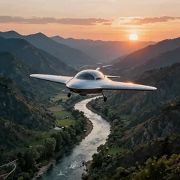 flying saucer in a valley crossed by a small river, with a small forest, and mountains in the distance, beautiful mattepainting, featured on artstation, by john howe & quentin mabille & dmitry zaviyalov, sunset, wallpaper, highly detailed, cinematic, ray tracing, unreal engine, photorealistic