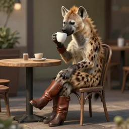 A female humanoid hyena with leather boots sitting at a table and drinking coffee, unreal engine, 4k, artstation