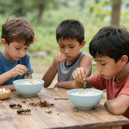 kids are sad they have to eat insects for breakfast.
