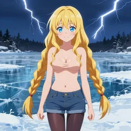 a very beautiful anime girl, full body, long braided curly golden hair, sky blue eyes, full round face, short smile, short jeans, cute top, stockings, ice snowy lake setting, cinematic lightning, medium shot, mid-shot, highly detailed, trending on Artstation, Unreal Engine 4k, cinematic wallpaper by Stanley Artgerm Lau, WLOP, Rossdraws, James Jean, Andrei Riabovitchev, Marc Simonetti, and Sakimichan