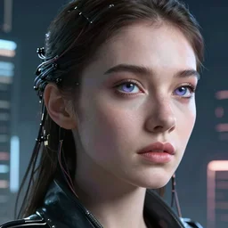 beautiful cyberpunk woman with augmented eye implants, portrait shot, wires, cyberpunk, dramatic light, cyberpunk city in the background, movie illustration, poster art by Drew Struzan