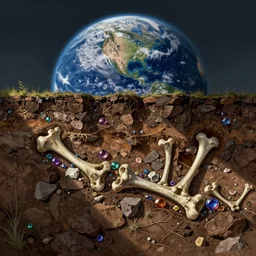 a side profile of earth soil and rock layers, with hidden bones, gems and treasures, digital painting