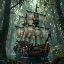 a pirate ship in the middle of a forest, atmospheric lighting, realistic