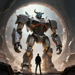 large robot with horns next space portal. grand. sci - fi scene by pedro correa and william gibson r / characterart