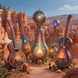 close up photography of strange surrealist detailed glowing alien electronic-musical-instruments!! in a bryce 3d surrealist landscape biome,  designed by pixar!!, Michael Whelan art directs Dune (1984), hyper detailed, photorealistic, 8k, hd